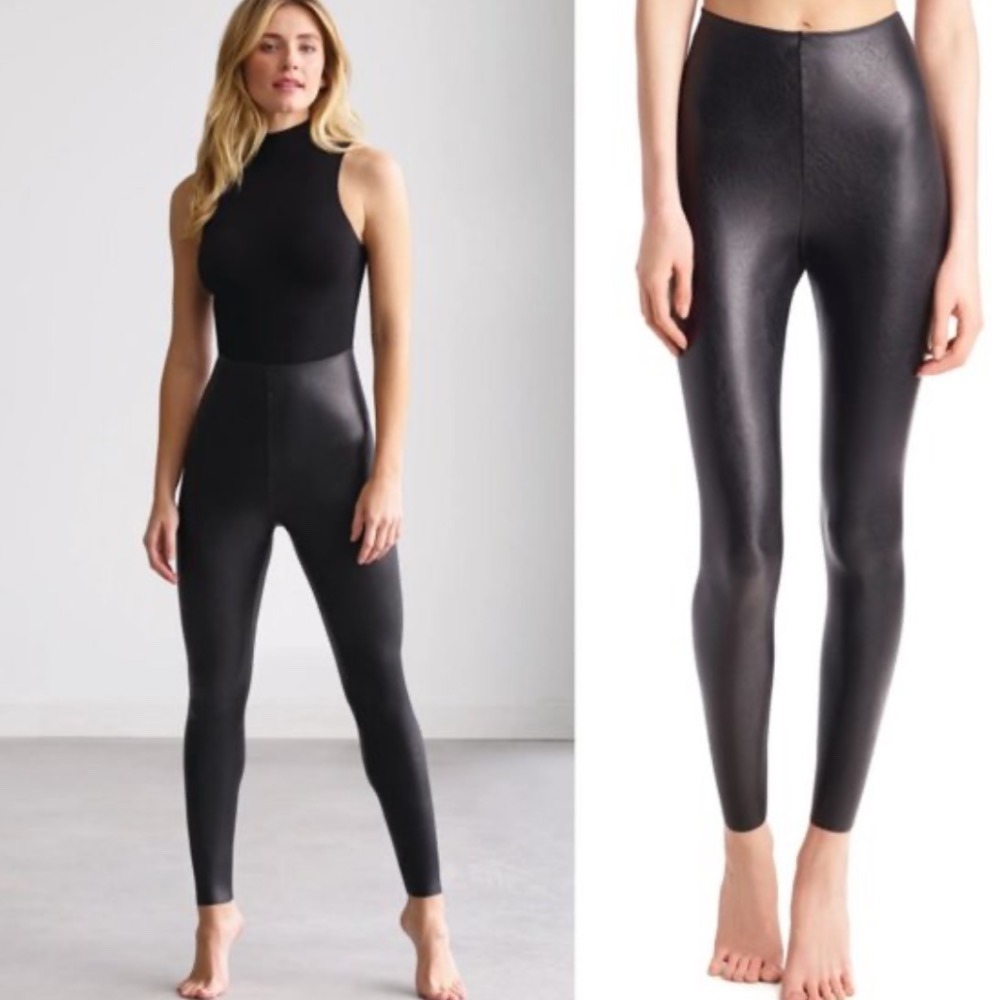 Commando Black Faux Leather Control Top Leggings Womens Sz Large USA Made‎ Pants